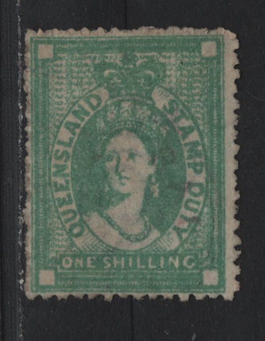 Lot 423 Australia - Queensland SG#F18 1/- Green , 1871-1872 Postal Fiscal Issue, A Fine Used Single, Crown Over Q Wmk, Very Light Fiscal Cancel, Perf 12.