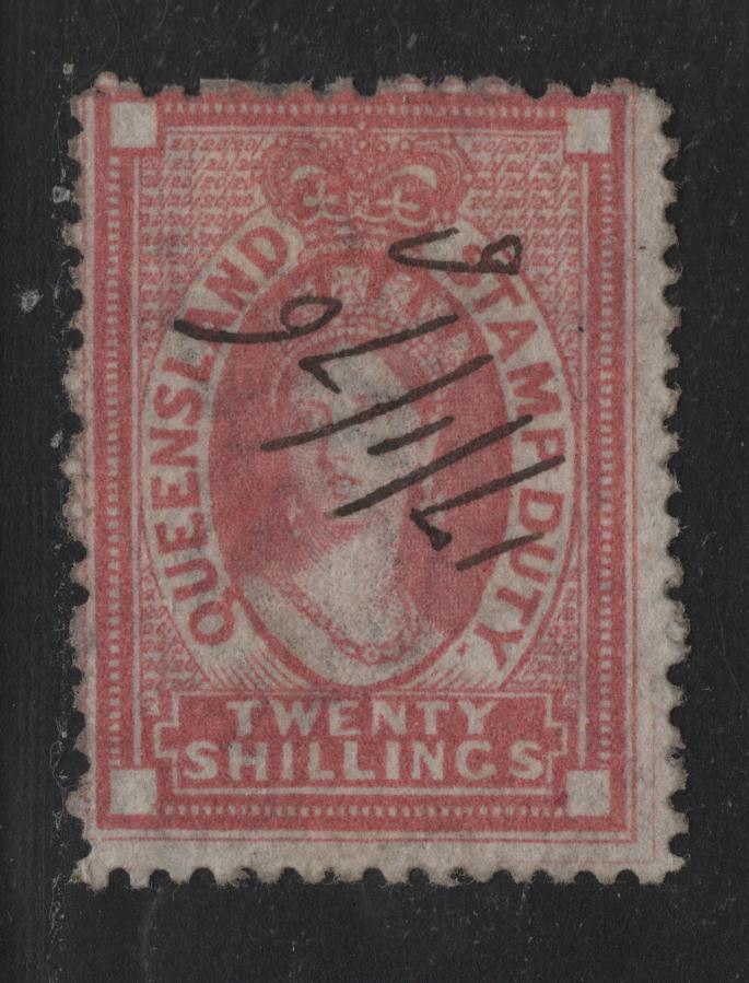 Lot 425 Australia - Queensland SG#F23 20/- Rose , 1871-1872 Postal Fiscal Issue, A Fine Used Single, Crown Over Q Wmk, Fiscal Cancel