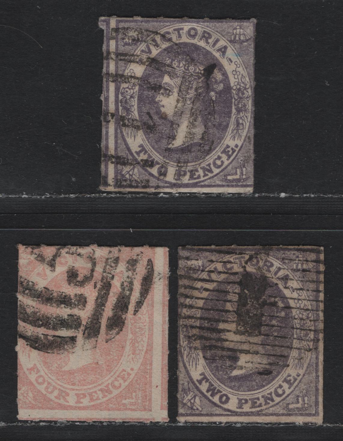 Lot 100 Australia - Victoria SG#70-71 (SC# 47, 48a) 2d - 4d Violet - Dull Red Rose , 1858 Rouletted Emblems Issue, 2 Fine Used Singles, Rouletted 5-7, Horiz. & Vert Laid Papers, Two Shades of The 2d.
