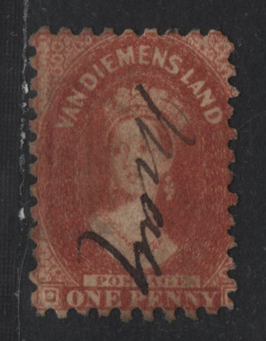 Lot 10 Australia - Tasmania SG#57 (SC# 23) 1d Brick Red , 1864-1869 Chalon Heads Issue, A Fine Used Single, Perf 10, Double Line 1 Wmk, Manuscript Cancel, J Watch & Son Printing.