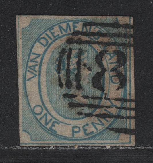 Lot 1 Australia - Tasmania SG#3 (SC# 1a) 1d Pale Blue , 1853 Courier Issue, A Very Good Used Single, Blurry Impression On Thin Hard White Paper, #8 Barred Numeral Cancel For Campbell Town, Full Margins At Right & Bottom, Clear To Touching On Left & Top.