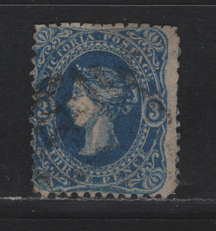 Lot 103 Australia - Victoria SC#56(SG# 88) 3d Deep Blue, 1860-1866 Beaded Ovals Issue,Unwatermarked, A VG Used Single On Horizontally Laid Paper, Shallow Hinge Thin