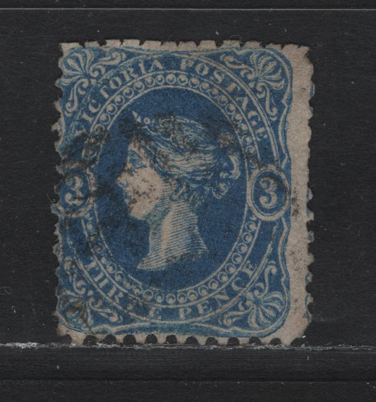 Lot 103 Australia - Victoria SC#56(SG# 88) 3d Deep Blue, 1860-1866 Beaded Ovals Issue,Unwatermarked, A VG Used Single On Horizontally Laid Paper, Shallow Hinge Thin