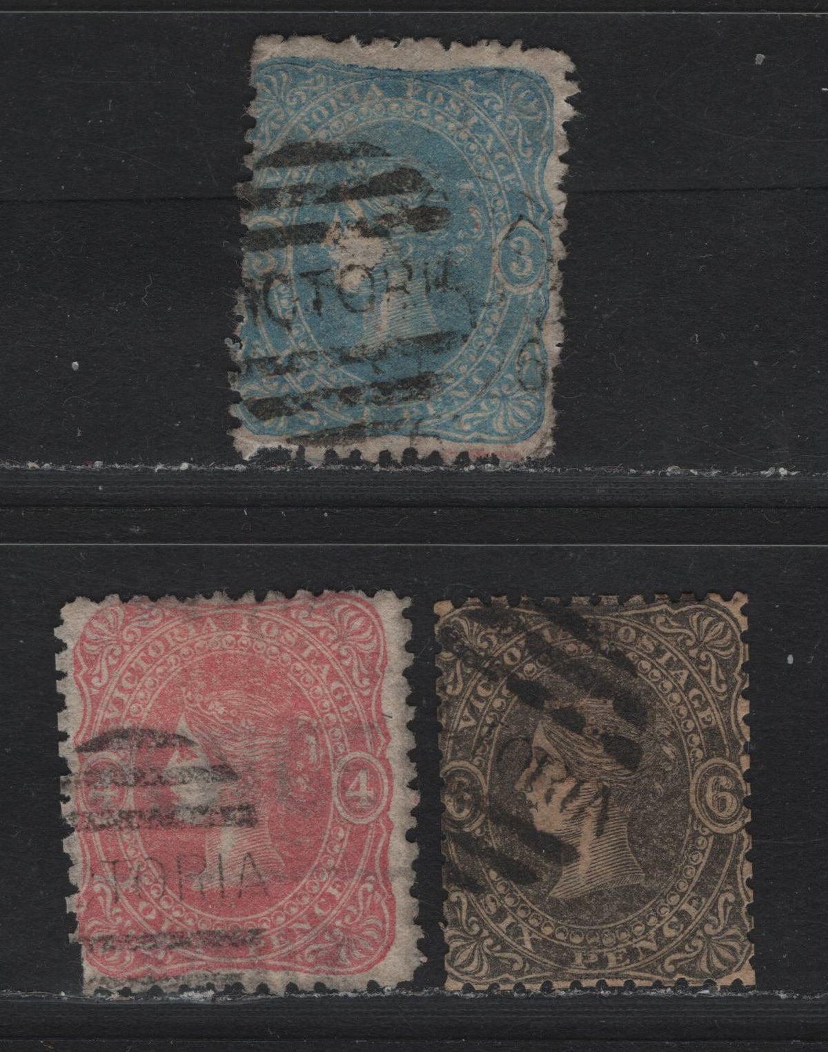 Lot 104 Australia - Victoria SC#57b, 59a, 61a(SG# 90,92,94a) 3d Pale Blue, 4d Rose Pink, 6d Grey Black, 1860-1866 Beaded Ovals Issue,Wmk Words Of Value, 3 VG Used Singles Perf 12