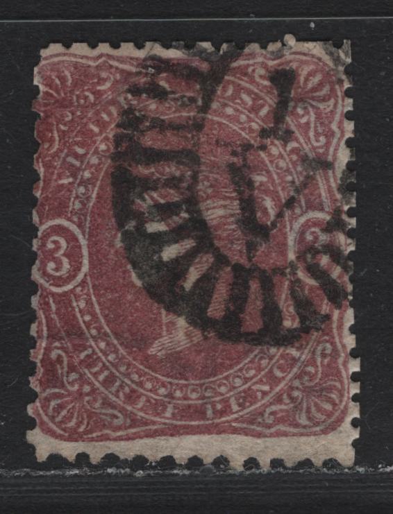 Lot 105 Australia - Victoria SC#58(SG# 41) 3d Maroon, 1860-1866 Beaded Ovals Issue,Wmk Words Of Value, A VG Used Single Perf 12, Wmk "Three Pence". #1 Melbourne Bootheel Cancel