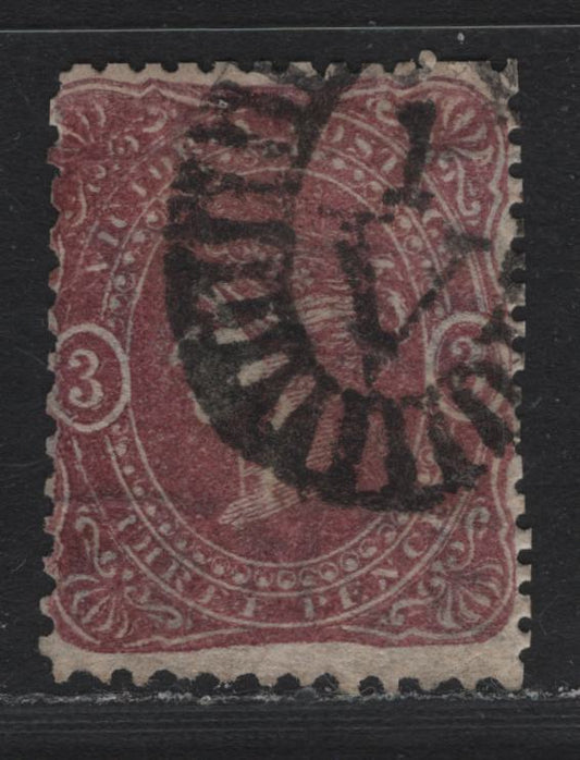 Lot 105 Australia - Victoria SC#58(SG# 41) 3d Maroon, 1860-1866 Beaded Ovals Issue,Wmk Words Of Value, A VG Used Single Perf 12, Wmk "Three Pence". #1 Melbourne Bootheel Cancel