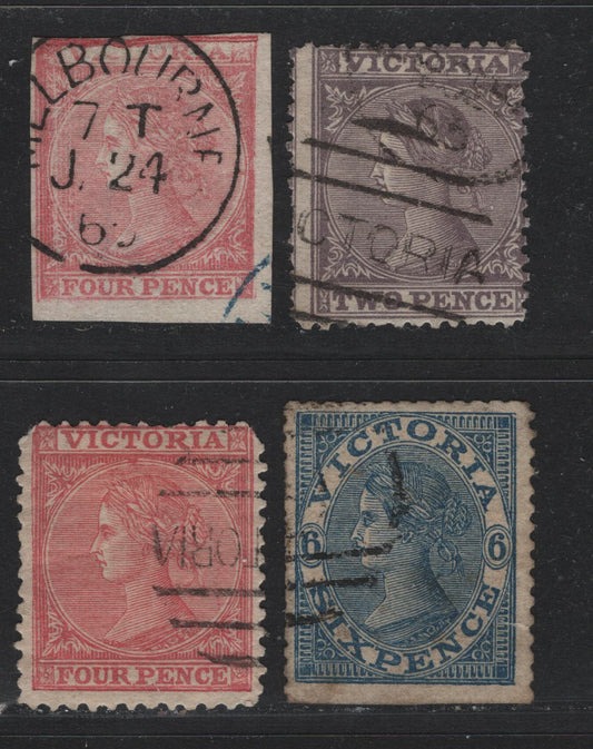 Lot 109 Australia - Victoria SC#75a,76,77(SG#109ad,111a,110var) 2d Violet, 4d, 4d, 6d Deep Blue, 1863-1867 Laureates Issue, 4 VG&F Used Singles