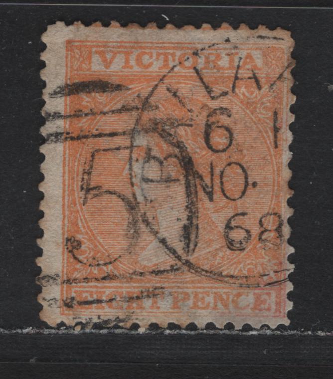 Lot 110 Australia - Victoria SC#78(SG#112) 8d Orange, 1863-1867 Laureates Issue, A Fine Used Single Perf 13, De La Rue Paper, Wmk Single Lined 8, Nov. 1868 Ballarat CDS & #5 Barred Numeral