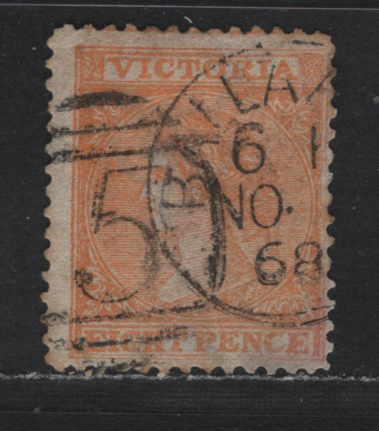 Lot 110 Australia - Victoria SC#78(SG#112) 8d Orange, 1863-1867 Laureates Issue, A Fine Used Single Perf 13, De La Rue Paper, Wmk Single Lined 8, Nov. 1868 Ballarat CDS & #5 Barred Numeral