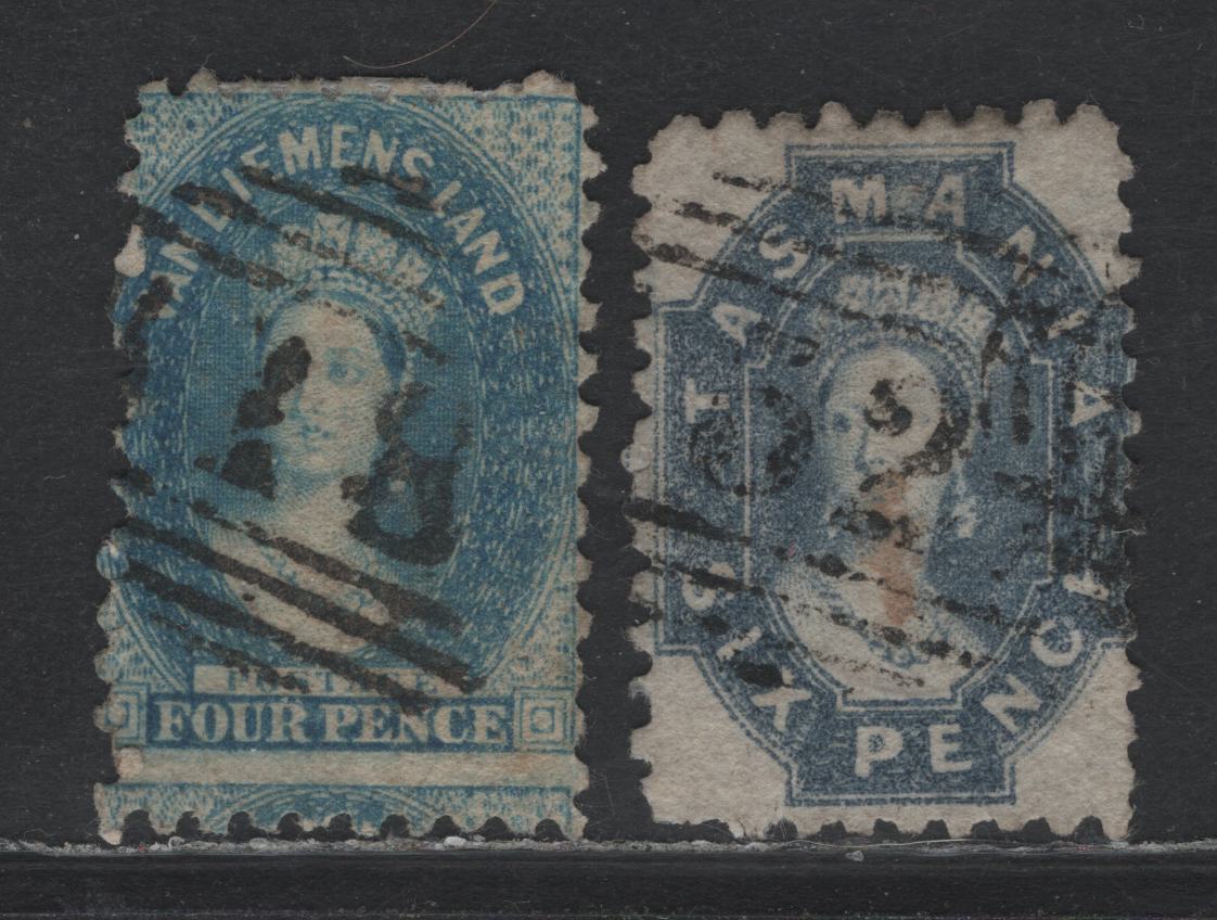 Lot 11 Australia - Tasmania SG#62, 65 9SG# 25, 27) 4d - 6d Blue - Dull Cobalt , 1864-1869 Chalon Heads Issue, 2 Good/Very Fine used Singles, Perf 10, #18 (Carrick) & #32 (Green Ponds) Barred Numeral Cancels