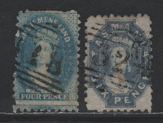 Lot 11 Australia - Tasmania SG#62, 65 9SG# 25, 27) 4d - 6d Blue - Dull Cobalt , 1864-1869 Chalon Heads Issue, 2 Good/Very Fine used Singles, Perf 10, #18 (Carrick) & #32 (Green Ponds) Barred Numeral Cancels