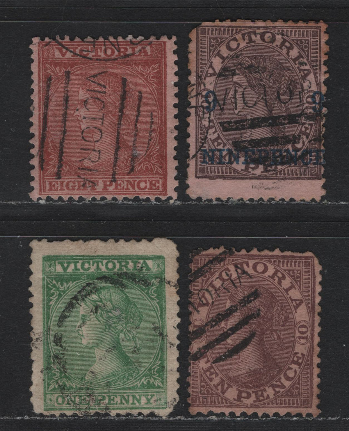 Lot 111 Australia - Victoria SC#74, 79, 125, 126(SG# 120b, 123a, 171, 194var), 1880-1884 Laureates Issue, 4 VG-VF Used Singles All With Single Lined Numeral Watermarks On T.H Saunders Paper. The 8d Is An Unlisted Special Variant