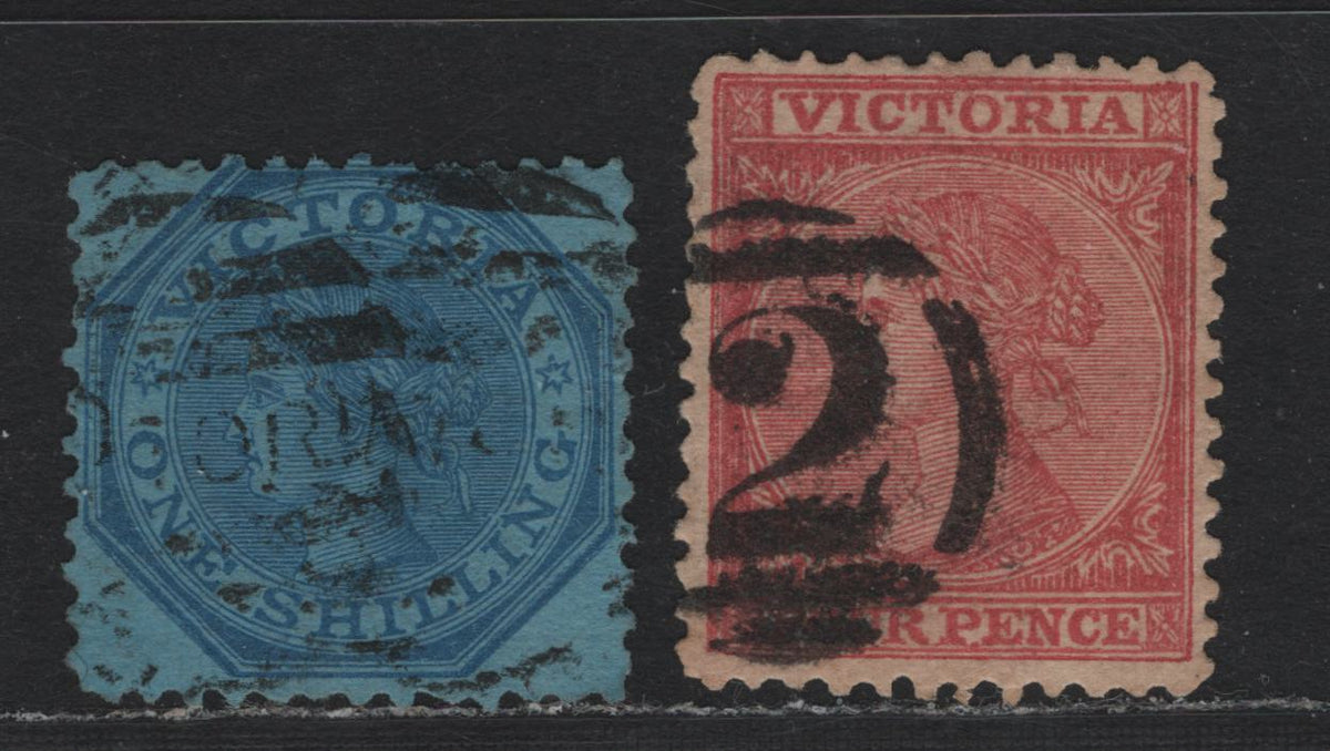 Lot 112 Australia - Victoria SC#76, 80(SG# 121var, 124a) 4d Rose Perf 12x12.5 & 1/- Pale Dull Blue On Blue Perf 12, 1863-1873 Laureates Issue, 2 F&VF Used Singles F And VF Centered Examples On T.H Saunders Paper, Wmk Single Lined Figures