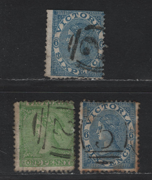 Lot 113 Australia - Victoria SC#81, 84(SG# 153,160,164) 1d Yellow Green, 6d Blue, 1867-1870 Queen Victoria Emergency Printings, 3 G-F Used Singles Wmk Double Lined 1 And "Six Pence". Perf 13x12, 12 1/2 And 12 1/2 #2 & #5 Barred Numeral Cancel