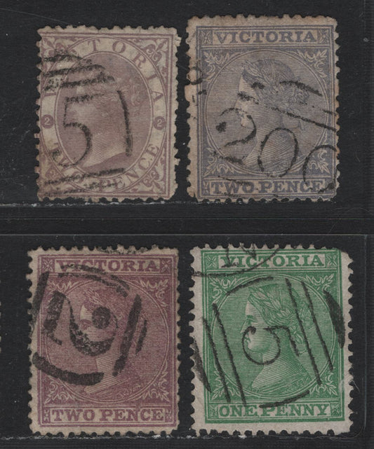 Lot 117 Australia - Victoria SC#110,111,111a,123(SG# 131g,132d,132g,169a), 1867-1881 Queen Victoria Emergency Printings, 4 VG & F Used SIngles Perf 13, Wmk V Crown(VI), #5 Numeral Cancel For Ballarat, #200 Numeral For South Yarra, #2 For Geelong