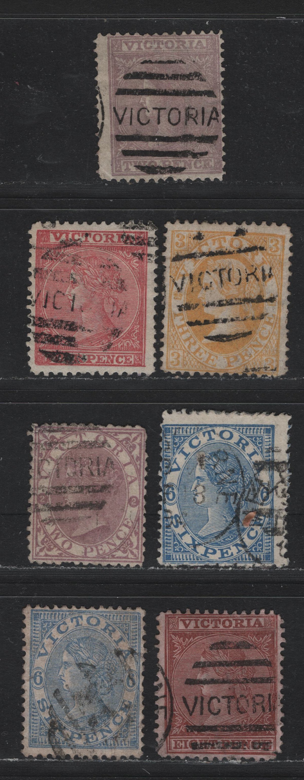 Lot 119 Australia - Victoria SC#111,115,116,117,114a,118,123(SG# 132b, 135,136,136f,134,152,169a), 1867-1881 Queen Victoria Emergency Printings, 7 F&VF Used SIngles All With Victoria Barred Cancels. The Perf 12x12 1/2 & 12 1/2 Are All Unlisted Varieties