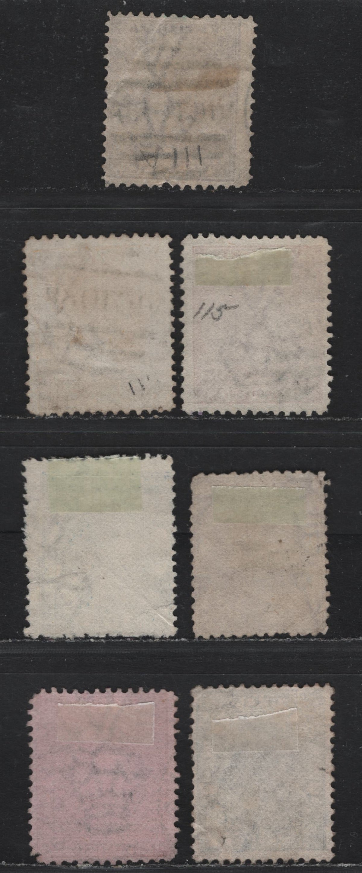 Lot 119 Australia - Victoria SC#111,115,116,117,114a,118,123(SG# 132b, 135,136,136f,134,152,169a), 1867-1881 Queen Victoria Emergency Printings, 7 F&VF Used SIngles All With Victoria Barred Cancels. The Perf 12x12 1/2 & 12 1/2 Are All Unlisted Varieties