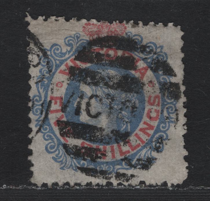 Lot 120 Australia - Victoria SC#121(SG# 140b var) 5/- Pale Bright Blue & Carmine, 1867-1881 Queen Victoria Emergency Printings, A VG Used Single On Glazed Paper, Wmk VI V Over Crown (Pointy Crown). Emergency Line Perf 12.5 Instead Of 13 Comb