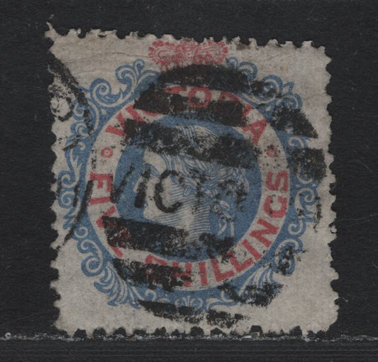 Lot 120 Australia - Victoria SC#121(SG# 140b var) 5/- Pale Bright Blue & Carmine, 1867-1881 Queen Victoria Emergency Printings, A VG Used Single On Glazed Paper, Wmk VI V Over Crown (Pointy Crown). Emergency Line Perf 12.5 Instead Of 13 Comb