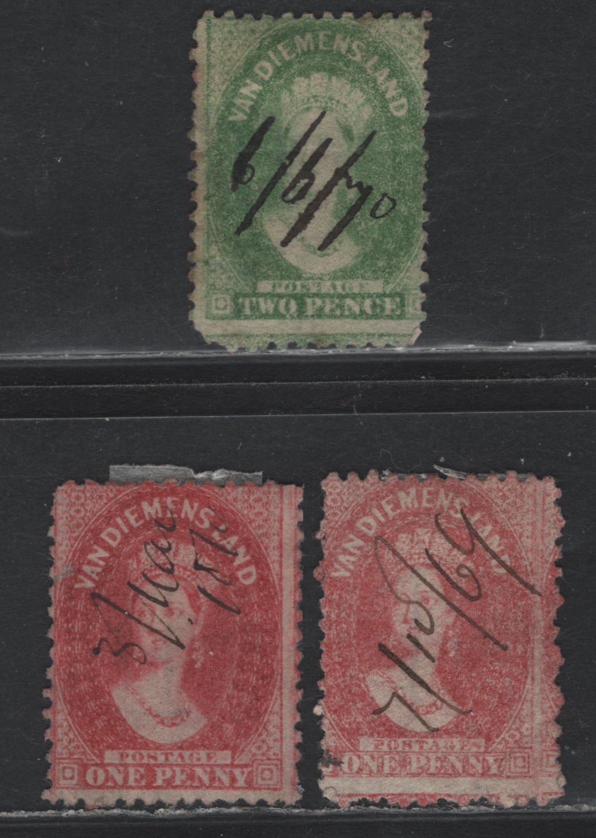 Lot 12 Australia - Tasmania SG#70-71 (SC# 29-30) 1d - 2d Carmine - Yellow Green , 1865-1871 Chalon Heads Issue, 3 Good/Fine Used Singles, Perf 12, Manuscript Fiscal Cancels, J Watch & Son Printing.