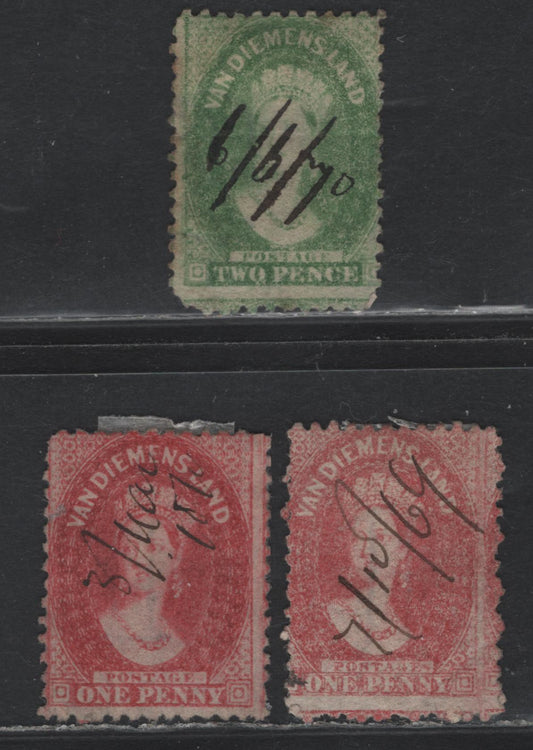 Lot 12 Australia - Tasmania SG#70-71 (SC# 29-30) 1d - 2d Carmine - Yellow Green , 1865-1871 Chalon Heads Issue, 3 Good/Fine Used Singles, Perf 12, Manuscript Fiscal Cancels, J Watch & Son Printing.