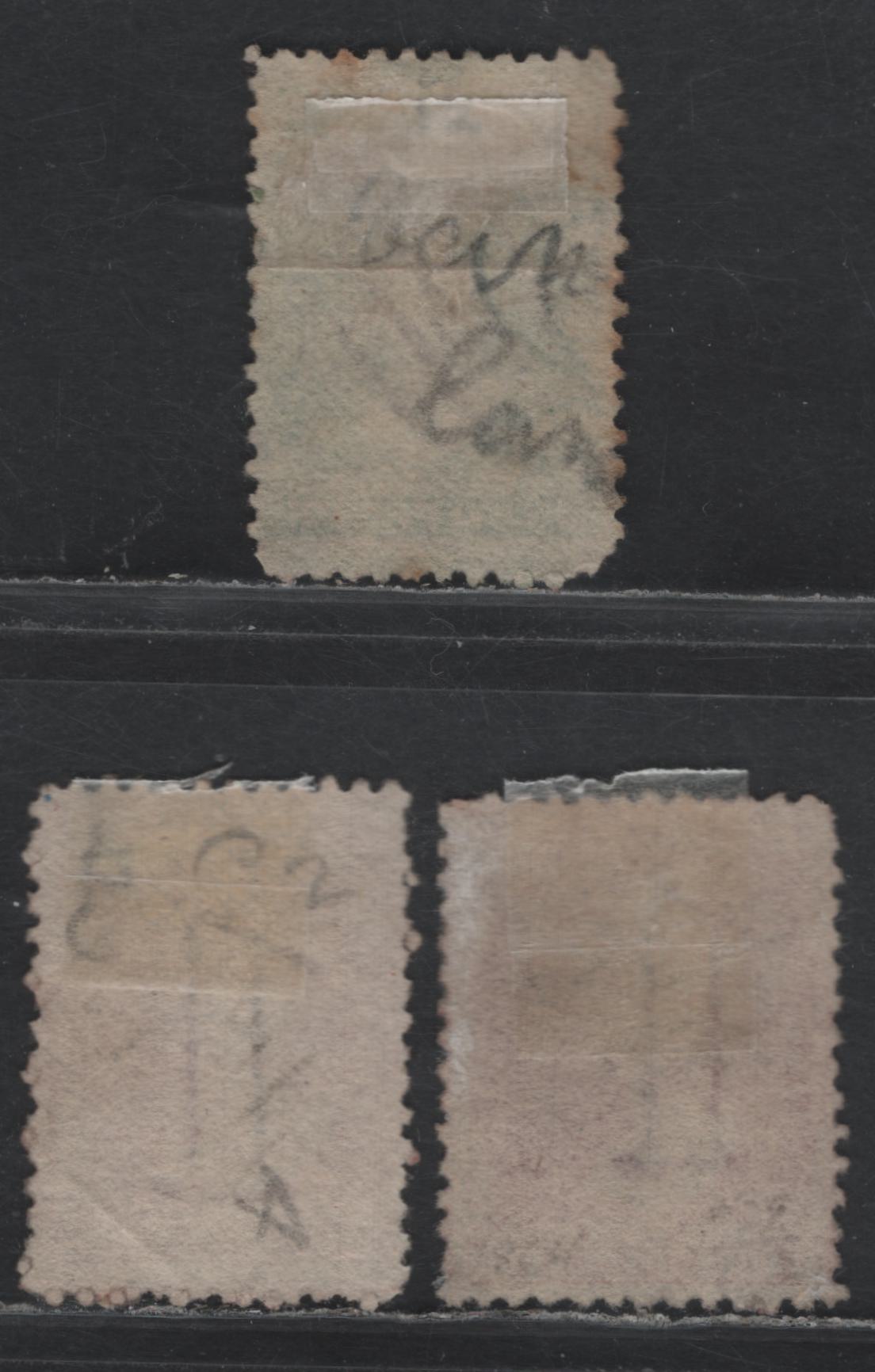 Lot 12 Australia - Tasmania SG#70-71 (SC# 29-30) 1d - 2d Carmine - Yellow Green , 1865-1871 Chalon Heads Issue, 3 Good/Fine Used Singles, Perf 12, Manuscript Fiscal Cancels, J Watch & Son Printing.