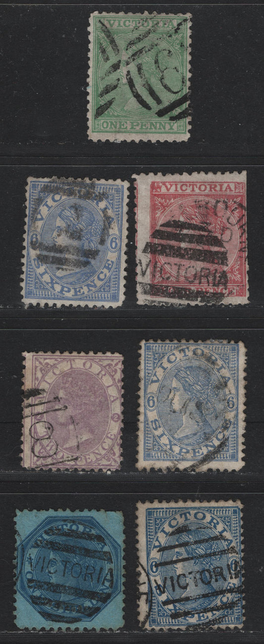 Lot 121 Australia - Victoria SC#110,115,116,117,119,123a(SG# 142,144c,145d,145e,145f,147,170), 1867-1881 Queen Victoria Emergency Printings, 6 G-F Used Singles All Perf 12, Wmk V Over Crown