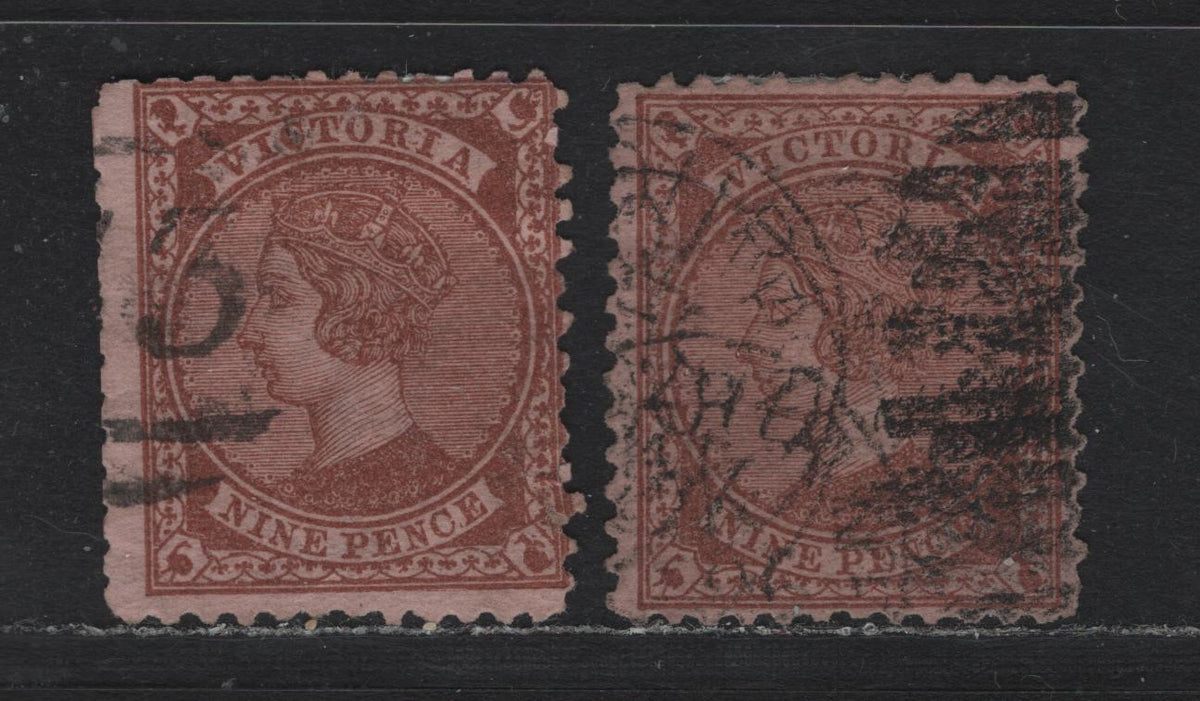 Lot 122 Australia - Victoria SC#127(SG# 172a var & 173) 9d Red Brown On Rose, 1867-1881 Queen Victoria Emergency Printings, 2 G&F Used Singles Wmk Single Line 10, Both Upright ( perf 12) & Inverted(perf 13)
