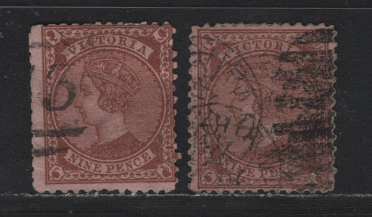 Lot 122 Australia - Victoria SC#127(SG# 172a var & 173) 9d Red Brown On Rose, 1867-1881 Queen Victoria Emergency Printings, 2 G&F Used Singles Wmk Single Line 10, Both Upright ( perf 12) & Inverted(perf 13)