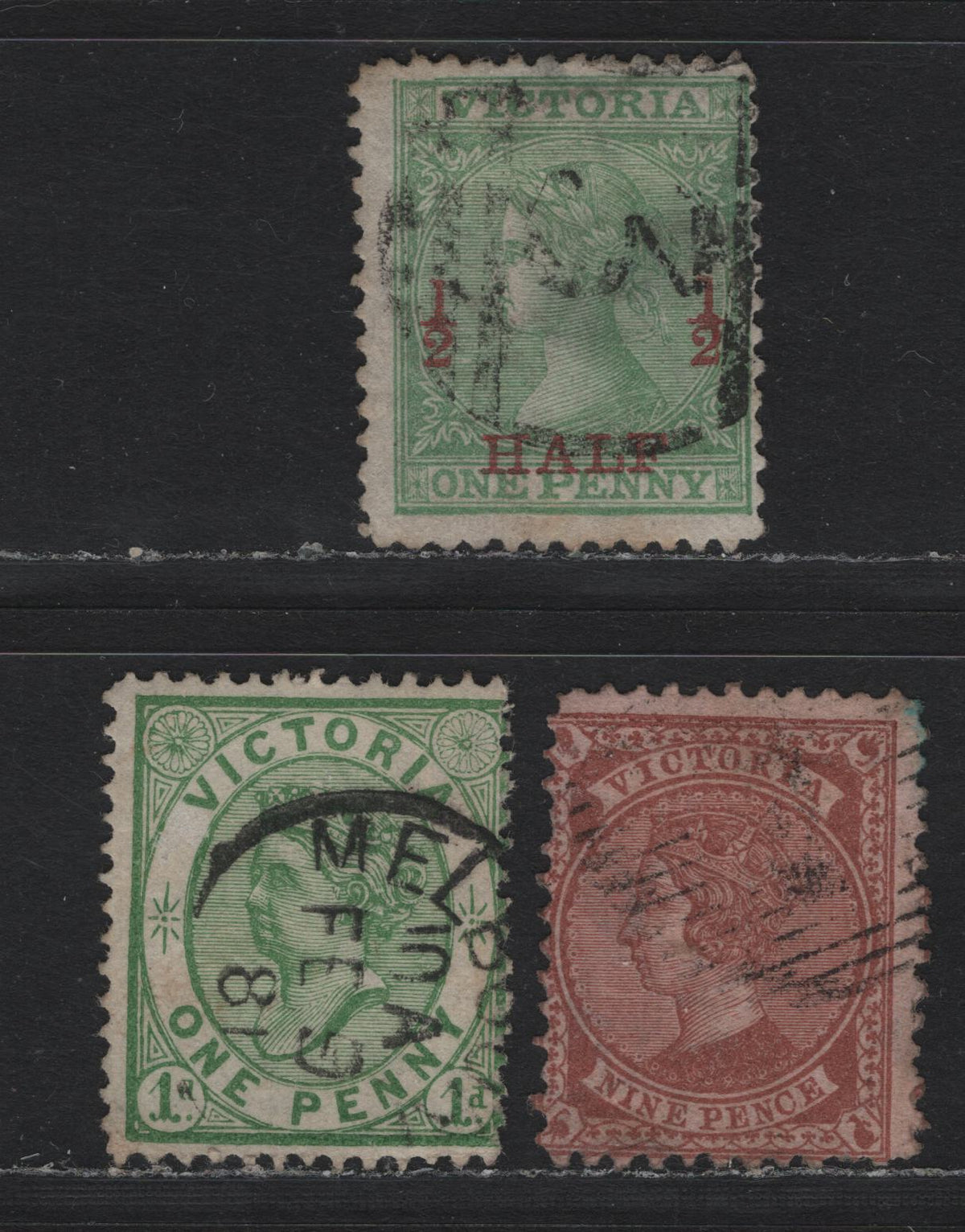 Lot 123 Australia - Victoria SC#127, 132, 124a(SG# 188, 173, 175), 1867-1881 Queen Victoria Emergency Printings, 3 G&F Used Singles 1d Green Line Perf Mixed 12 & 12 1/2, 9d Red Brown On Rose & 1 /2d On 1d Green Perf 12. 1d Is Scarce Mixed Perf