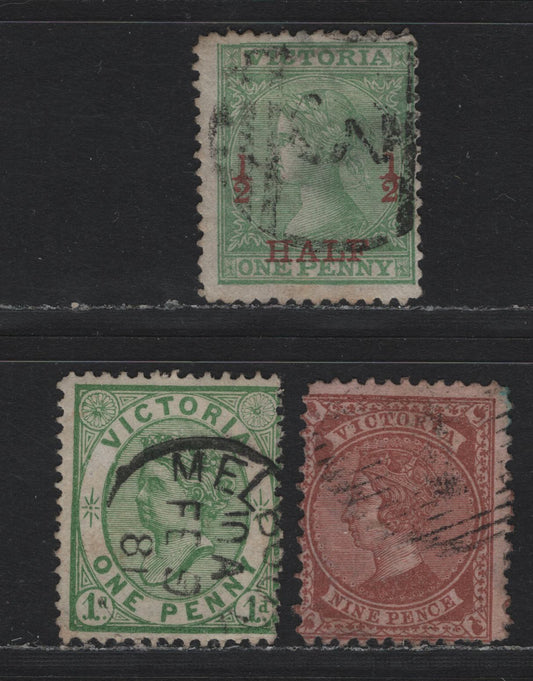 Lot 123 Australia - Victoria SC#127, 132, 124a(SG# 188, 173, 175), 1867-1881 Queen Victoria Emergency Printings, 3 G&F Used Singles 1d Green Line Perf Mixed 12 & 12 1/2, 9d Red Brown On Rose & 1 /2d On 1d Green Perf 12. 1d Is Scarce Mixed Perf