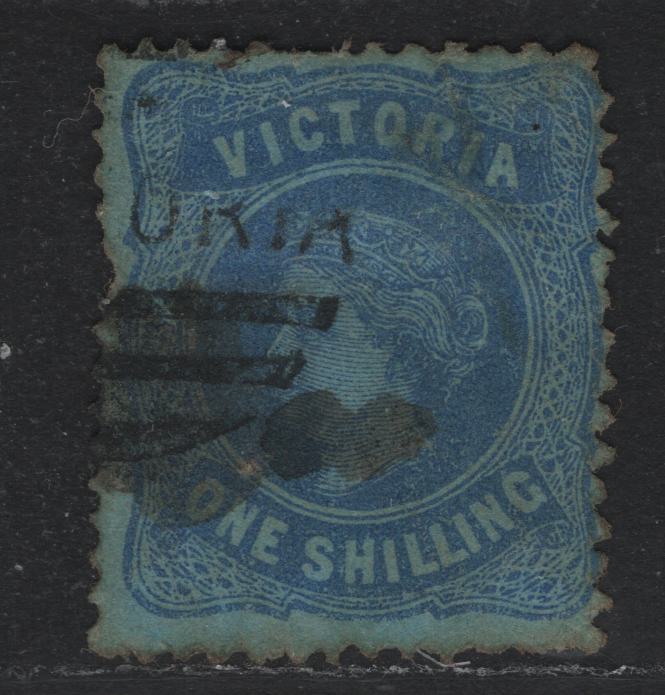Lot 131 Australia - Victoria SC#138(SG# 180g) 1/- Bright Blue On Blue, 1878 Emergency Printings On Coloured Paper, A Good Used Single Wmk V Over Crown(VI Pointy Crown), Mixed Perf 13 Comp 12
