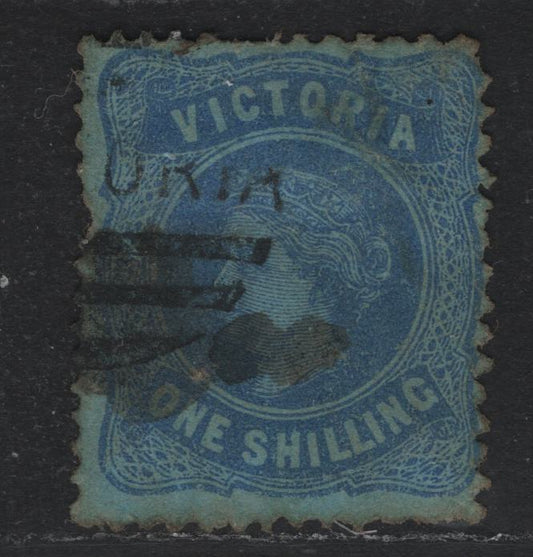 Lot 131 Australia - Victoria SC#138(SG# 180g) 1/- Bright Blue On Blue, 1878 Emergency Printings On Coloured Paper, A Good Used Single Wmk V Over Crown(VI Pointy Crown), Mixed Perf 13 Comp 12