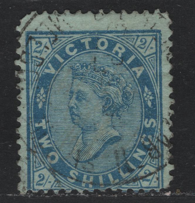 Lot 133 Australia - Victoria SC#139a(SG# 190ab var) 2/- Ultramarine On Bluish Paper, 1878 Emergency Printings On Coloured Paper, A VG Used Single Perf 12-Comp 12 1/2, Instead of 12 1/2