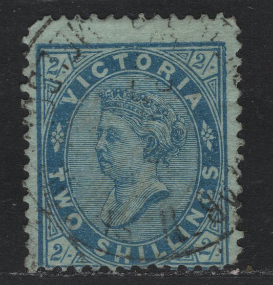 Lot 133 Australia - Victoria SC#139a(SG# 190ab var) 2/- Ultramarine On Bluish Paper, 1878 Emergency Printings On Coloured Paper, A VG Used Single Perf 12-Comp 12 1/2, Instead of 12 1/2