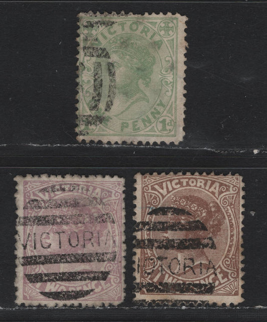 Lot 141 Australia - Victoria SG#208, 210a, 211 (SC# 141-143) 1d - 2.5d Green - Mauve , 1882-1884 Naish & Laureate Design Issue, 3 Fine Used Singles, V Over Crown V2 Wmk, Perf 12.5, Unlisted In Gibbons.
