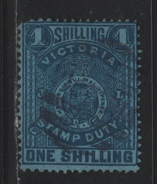 Lot 145 Australia - Victoria SG#256b (SC# AR34b) 1/- Deep Blue on Blue , 1884-1896 Postal Fiscal Issue, A Very Good Used Single, Non-Glazed Paper, V Over Crown V1 Sideways Wmk, Perf 12.5.