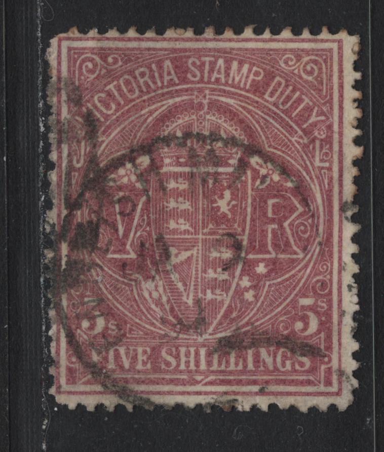 Lot 147 Australia - Victoria SG#260b (SC# AR42b) 5/- Claret , 1884-1896 Postal Fiscal Issue, A Fine Used Single, V Over Crown V1 Sideways Wmk, Perf 12.5, Yellowish Paper, Unpriced In Gibbons.