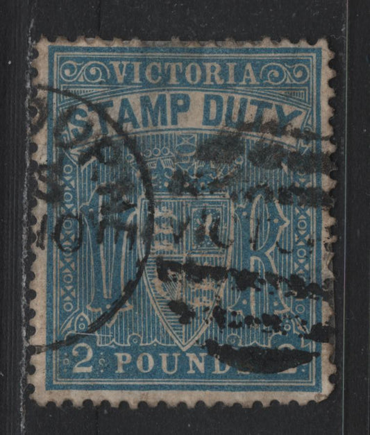 Lot 148 Australia - Victoria SG#263 (SC# AR51a) £2 Blue , 1884-1896 Postal Fiscal Issue, A Fair Used Single, V Over Crown V1 Sideways Wmk, Completely Hinge Reinforced On The Back To Effect Several Internal Repairs, Moderate Cancel.