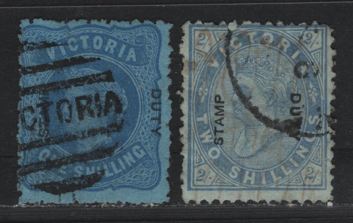 Lot 150 Australia - Victoria SG#306-307 (SC# 157-158) 1/- - 2/- Bright Blue - Blue on Greenish blue , 1885-1895 Naish Design Stamp Duty Issue, A Very Good/Fine Used Single, V Over Crown V1 Wmk, Perf 13x13x13x13comp12 (1/-) & 12comp13x12.5 on 2/-