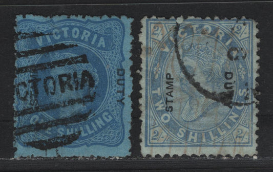Lot 150 Australia - Victoria SG#306-307 (SC# 157-158) 1/- - 2/- Bright Blue - Blue on Greenish blue , 1885-1895 Naish Design Stamp Duty Issue, A Very Good/Fine Used Single, V Over Crown V1 Wmk, Perf 13x13x13x13comp12 (1/-) & 12comp13x12.5 on 2/-