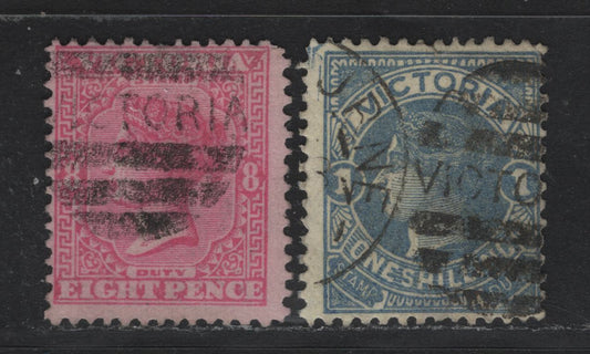 Lot 151 Australia - Victoria SG#293-294 (SC# 152-153) 8d - 1/- Rose on Pink - Deep Dull Blue onLemon , 1885-1895 Naish Design Stamp Duty Issue, 2 Fine Used Singles, V Over Crown V1 Wmk, This Later Value Represents a 3 Side Perforation Repair