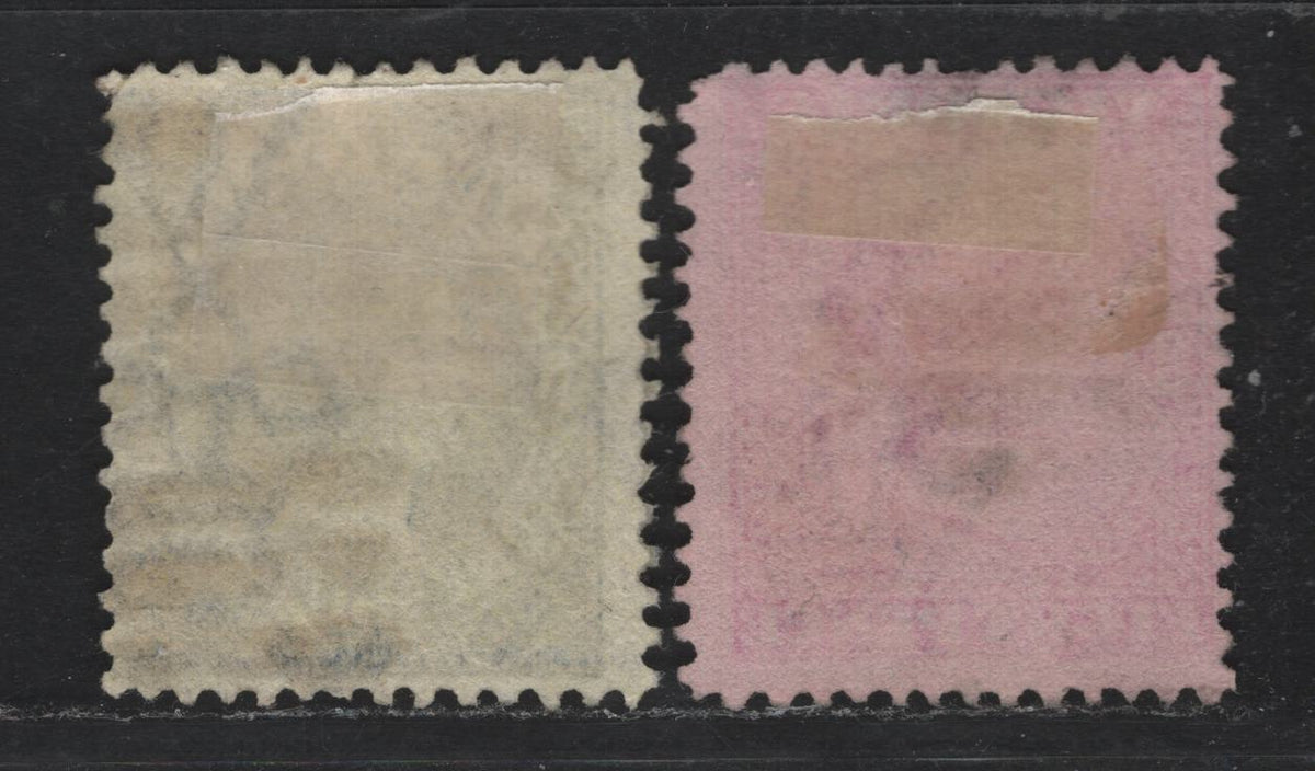 Lot 151 Australia - Victoria SG#293-294 (SC# 152-153) 8d - 1/- Rose on Pink - Deep Dull Blue onLemon , 1885-1895 Naish Design Stamp Duty Issue, 2 Fine Used Singles, V Over Crown V1 Wmk, This Later Value Represents a 3 Side Perforation Repair