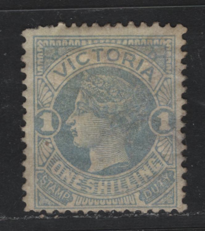 Lot 152 Australia - Victoria SG#294a (SC# 153) 1/- Dull Blue on Pale Lemon , 1885-1895 Naish Design Stamp Duty Issue, A VGOG Single, V Over Crown V1 Wmk, Perf 12.5, A Few Short Perfs At UL.
