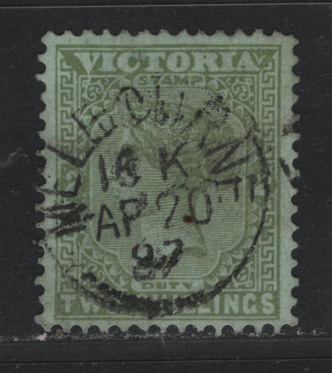 Lot 153 Australia - Victoria SG#295a (SC# 154) 2/- Olive on Bluish Green , 1885-1895 Naish Design Stamp Duty Issue, A Very Fine Used Single, V Over Crown V1 Wmk, Unlisted Compound Perf 12.5comp12x12.5 Instead Of 12.5