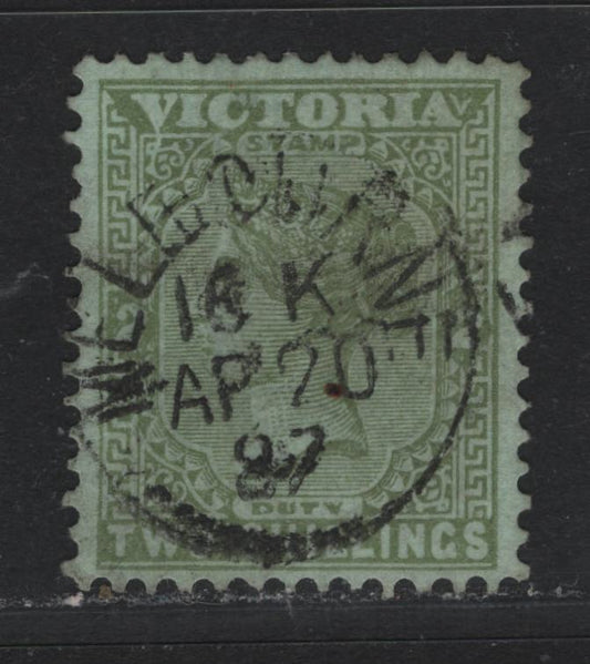 Lot 153 Australia - Victoria SG#295a (SC# 154) 2/- Olive on Bluish Green , 1885-1895 Naish Design Stamp Duty Issue, A Very Fine Used Single, V Over Crown V1 Wmk, Unlisted Compound Perf 12.5comp12x12.5 Instead Of 12.5