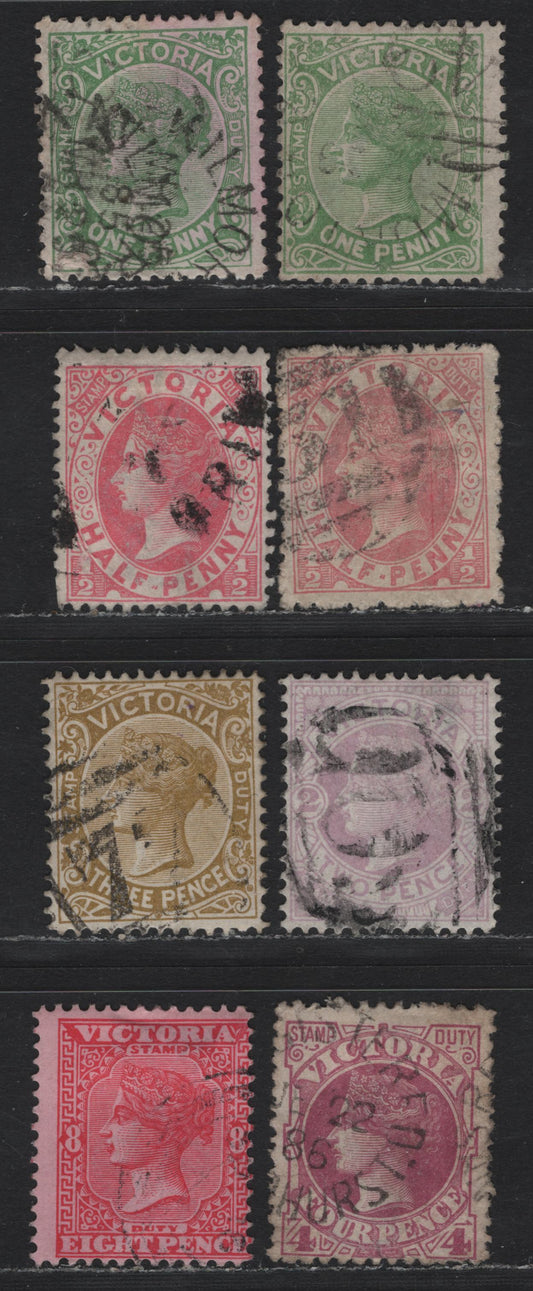 Lot 157 Australia - Victoria SG#296/302 (SC# 146/152) 1/2d - 8d Pale Rosine - Rose , 1885-1895 Navish Design Stamp Duty Issue, 10 Fine Used Singles, A Selection of VG and VF Examples That Includes Rare Unlisted Compound Perfs."