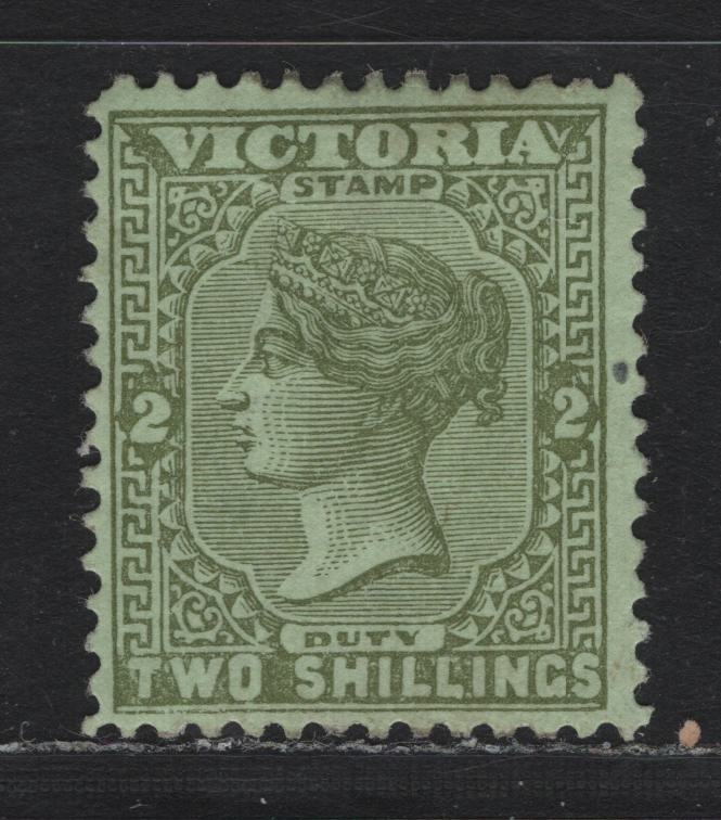 Lot 158 Australia - Victoria SG#303 (SC# 154) 2/- Olive on Pale Green , 1885-1895 Naish Design Stamp Duty Issue, A FOG Single, V Over Crown V2 Wmk, Perf 12.5comp 12 On All 4 Sides, Rare & Unlisted In Gibbons.
