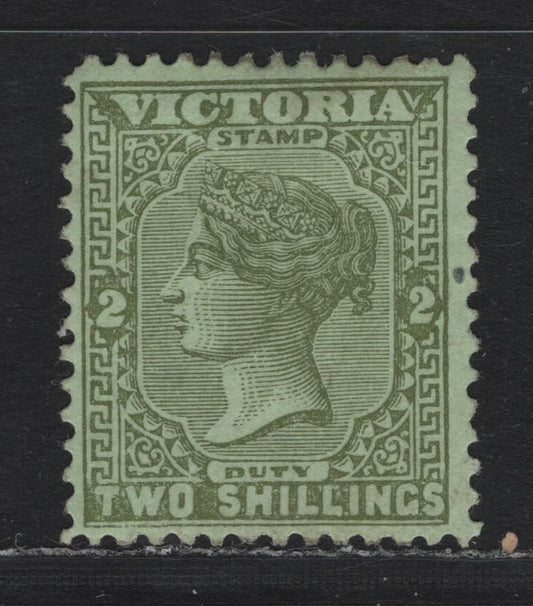 Lot 158 Australia - Victoria SG#303 (SC# 154) 2/- Olive on Pale Green , 1885-1895 Naish Design Stamp Duty Issue, A FOG Single, V Over Crown V2 Wmk, Perf 12.5comp 12 On All 4 Sides, Rare & Unlisted In Gibbons.