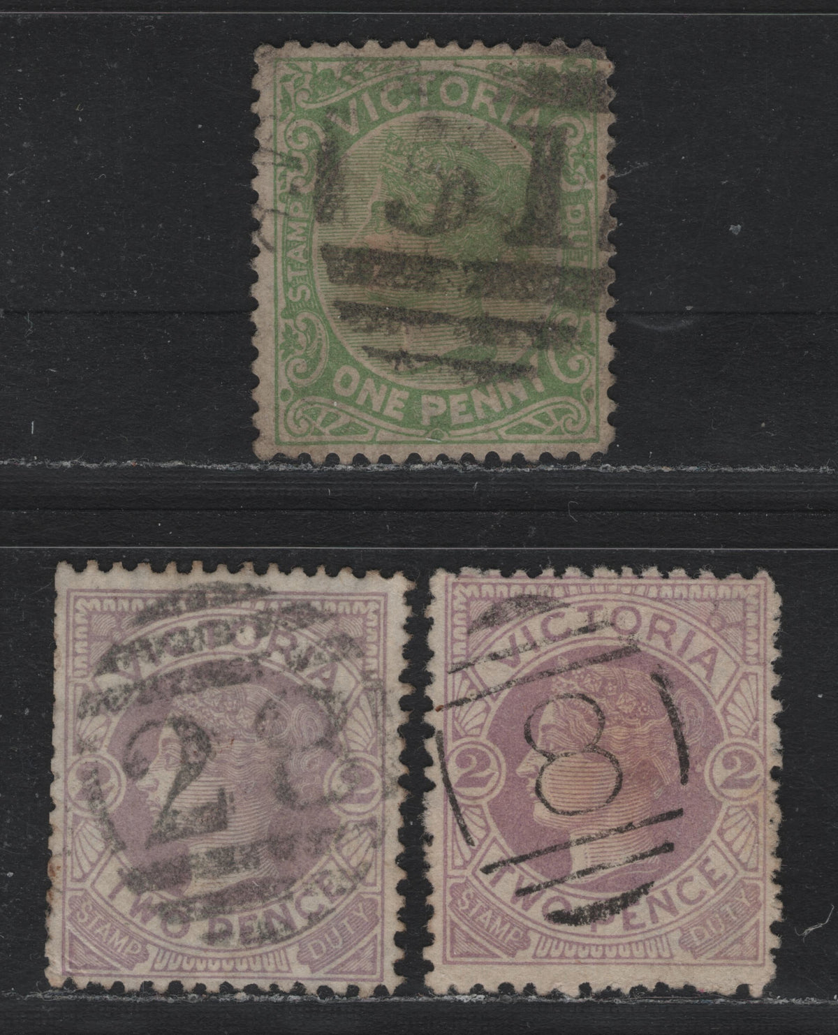 Lot 160 Australia - Victoria SG#297a, 298,b (147a, 148) 1d - 2d Dull Pea Green - Rosy Mauve , 1885-1895 Naish Design Stamp Duty Issue, 3 Fine Used Singles, V Over Rounded Crown, #8 Barred Numeral Cancel For Portland, #28 Carrisbrook & #151 Warriambol